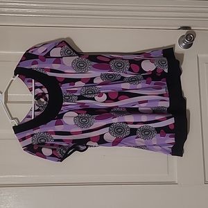 Dress shirt. 1x purple, black, white and pink. Slinky material.  Cut out back.